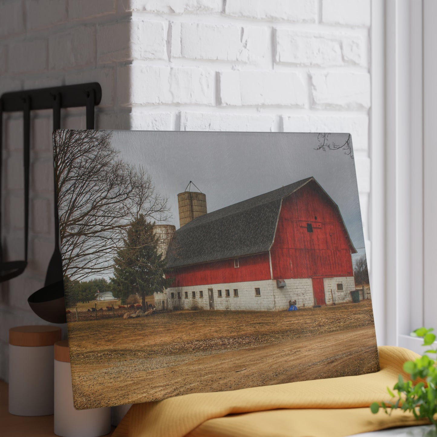 U R There Photography Hunters Creek Red Cow Barn II Rustic Farmhouse Tempered-Glass Cutting Board