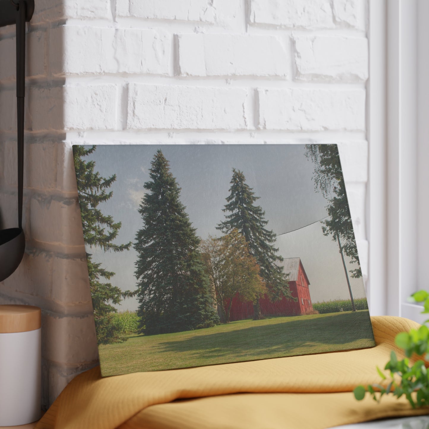 Barn Boutique Rustic Tempered-Glass Cutting Board| Small Red Barn Beneath the Pines