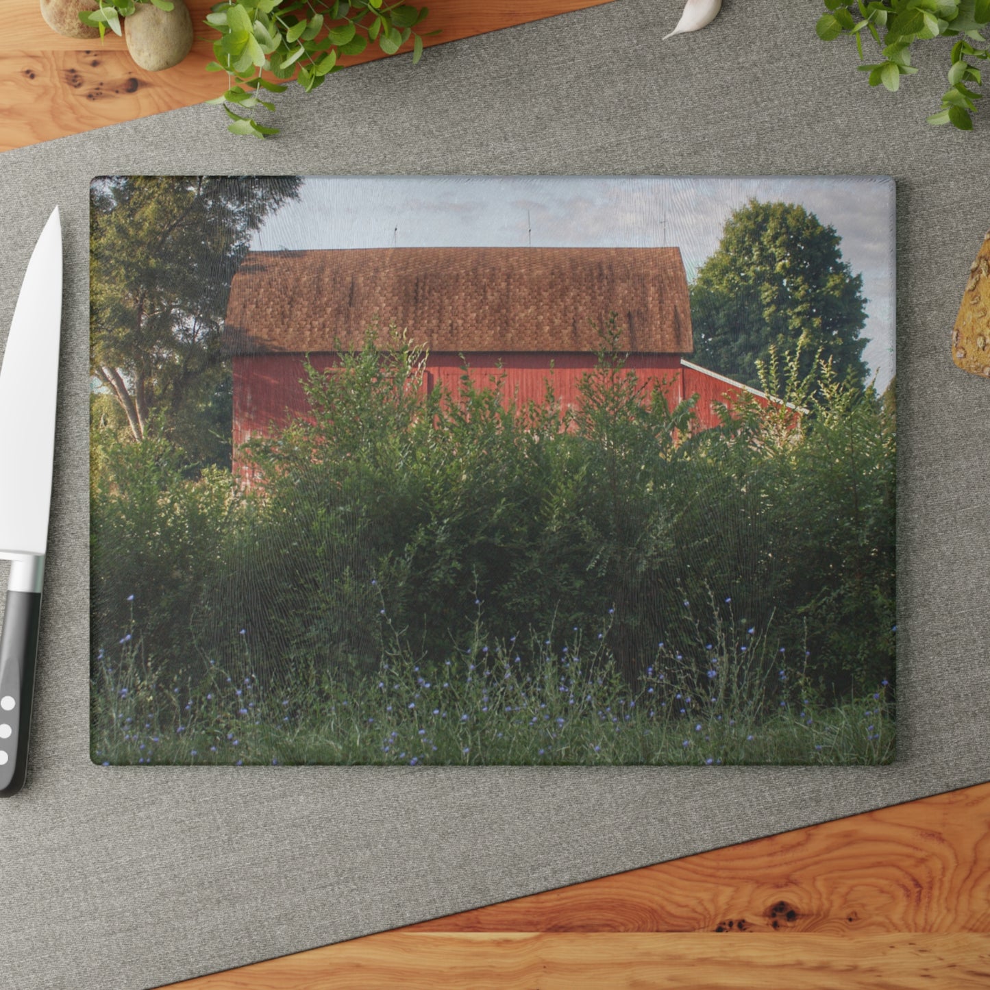 U R There Photography Genesee Road Red I Rustic Farmhouse Tempered-Glass Cutting Board