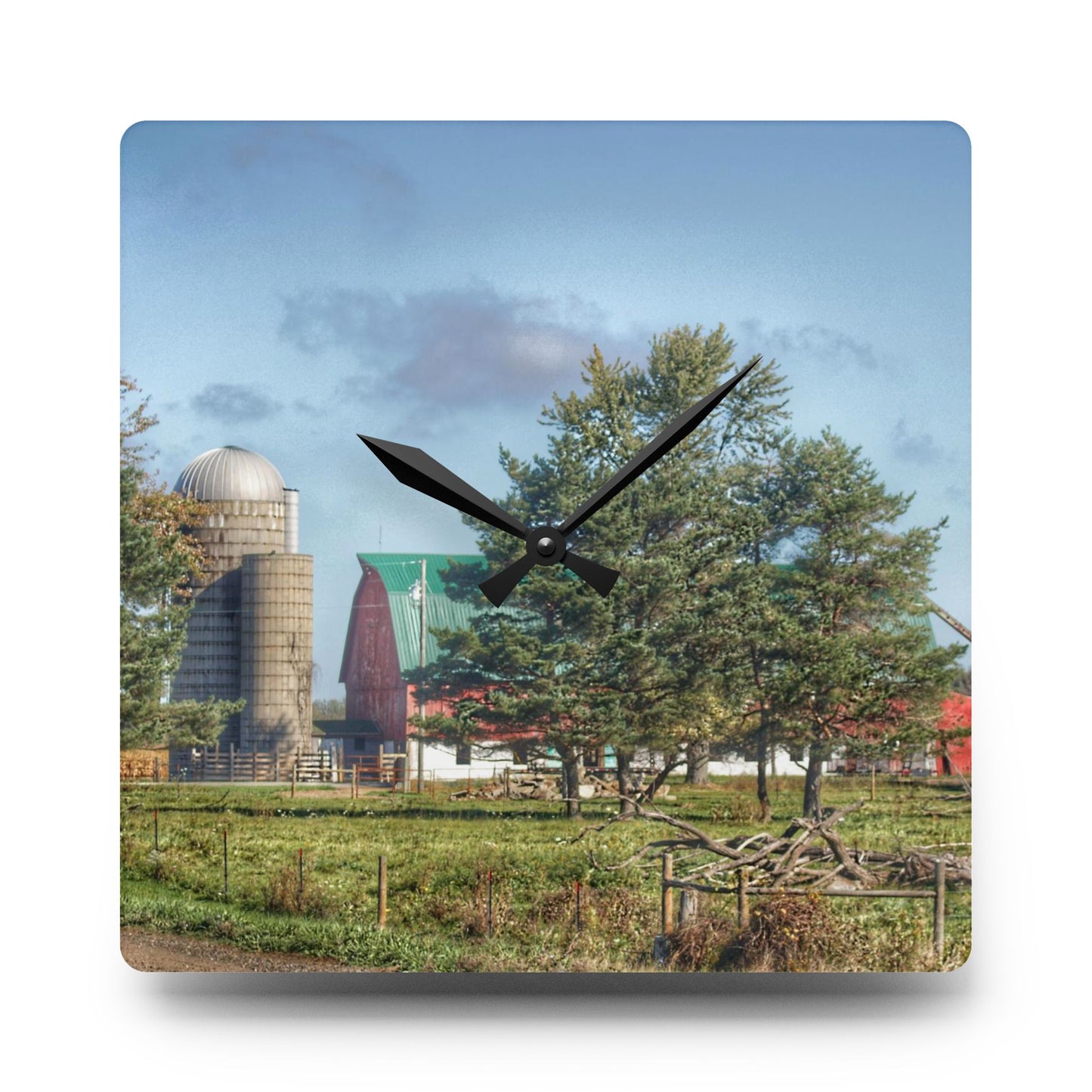 U R There Photography Croswell Wagner Road Red Rustic Farmhouse Acrylic Analog Wall Clock