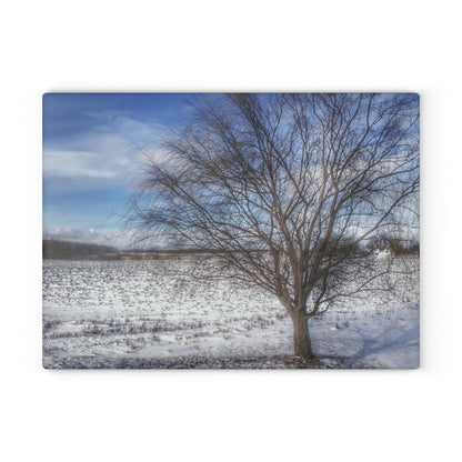 U R There Photography Winter Farm Willow Tree Rustic Farmhouse Tempered-Glass Cutting Board