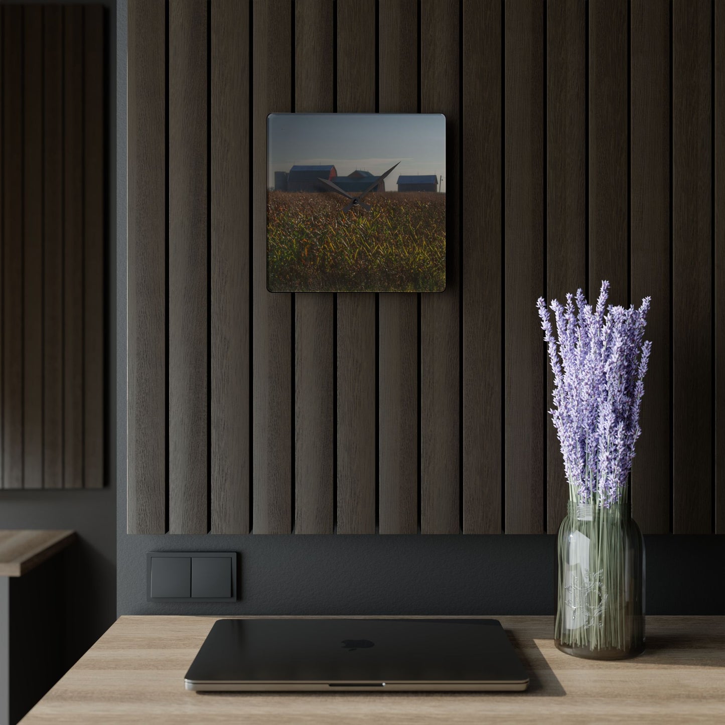 U R There Photography Slattery Road Farm and Cornfield I Rustic Farmhouse Acrylic Analog Wall Clock