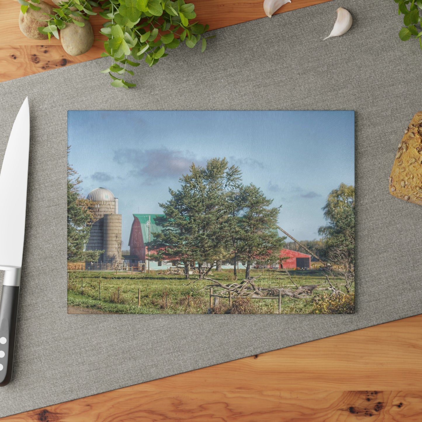 U R There Photography Croswell Wagner Road Red Rustic Farmhouse Tempered-Glass Cutting Board