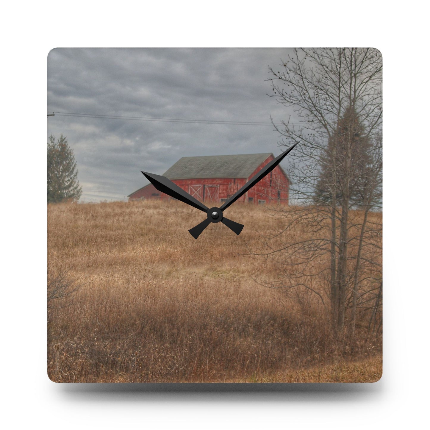 U R There Photography Grey Road Hillside Red I Rustic Farmhouse Acrylic Analog Wall Clock