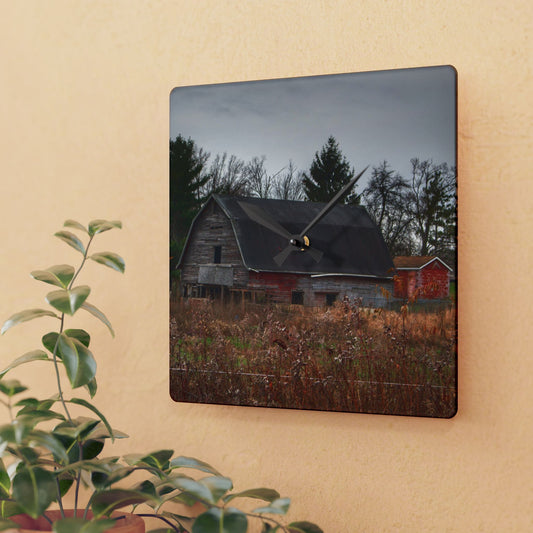 U R There Photography Field Grey and Little Red Rustic Farmhouse Acrylic Analog Wall Clock