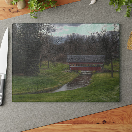 U R There Photography Hadley Covered Bridge III Rustic Farmhouse Tempered-Glass Cutting Board