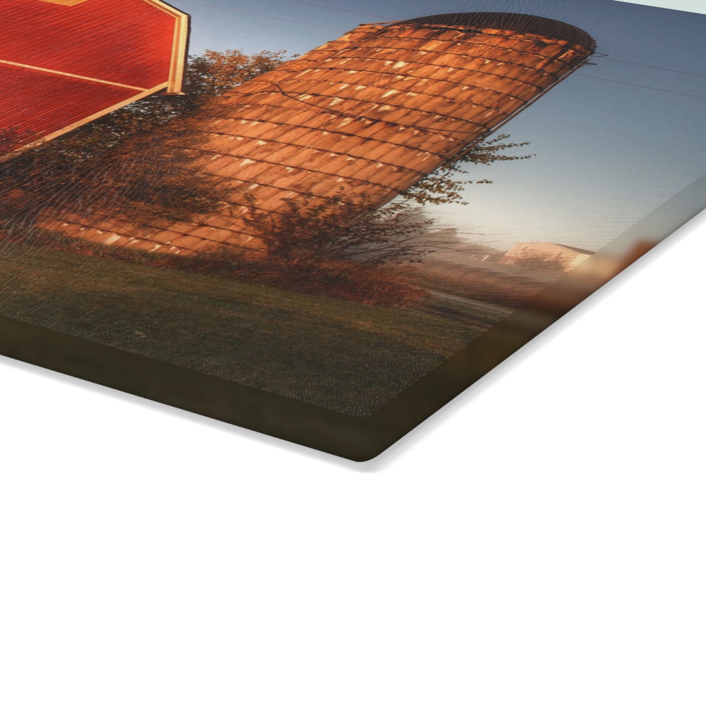 U R There Photography Klam Road Red Meets Foggy Sunrise I Rustic Farmhouse Tempered-Glass Cutting Board