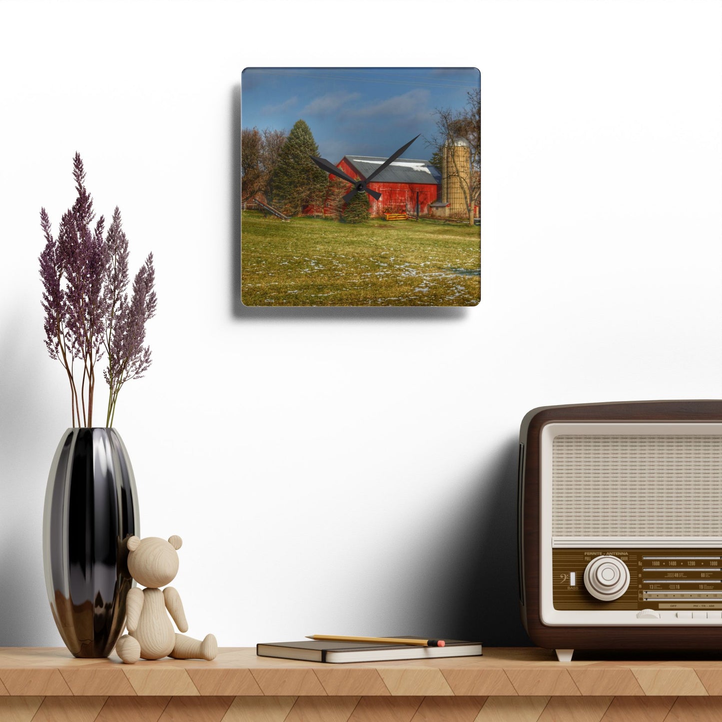 U R There Photography Columbiaville Road Red I Rustic Farmhouse Acrylic Analog Wall Clock