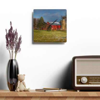 U R There Photography Columbiaville Road Red I Rustic Farmhouse Acrylic Analog Wall Clock