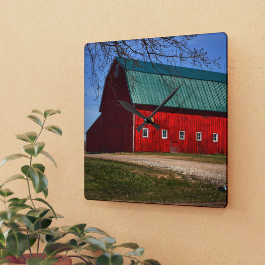 U R There Photography Perry Road Red Rustic Farmhouse Acrylic Analog Wall Clock