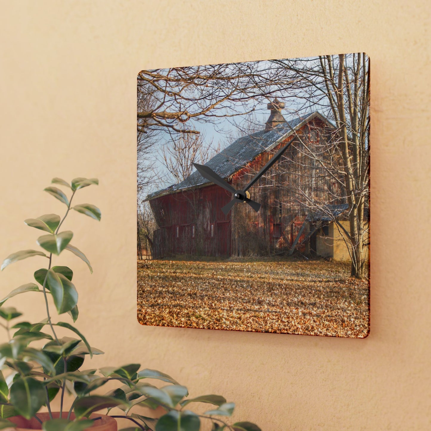 U R There Photography Millington Road Collapsing Red Rustic Farmhouse Acrylic Analog Wall Clock