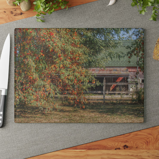 U R There Photography Farrand Road Red Coral by Flowering Tree Rustic Farmhouse Tempered-Glass Cutting Board