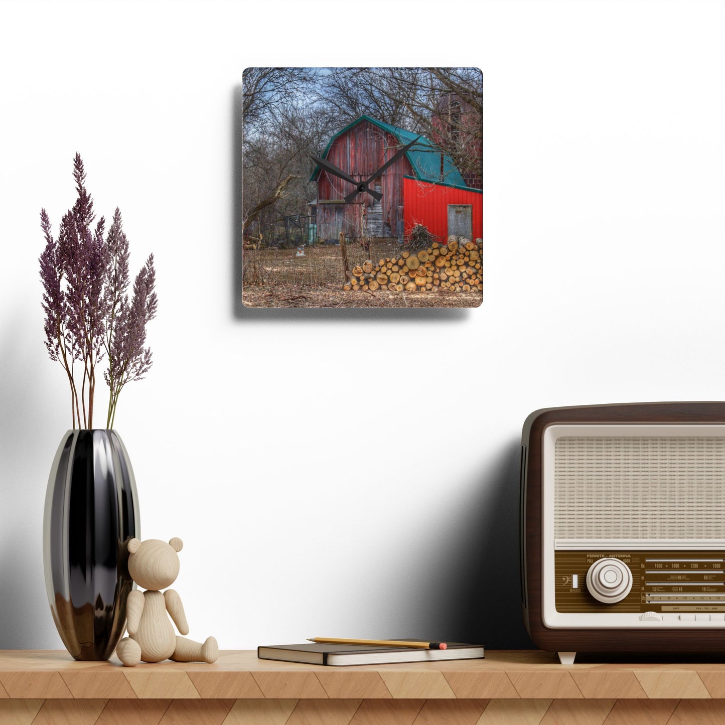 U R There Photography Bray Road Hidden Barnyard Red II Rustic Farmhouse Acrylic Analog Wall Clock
