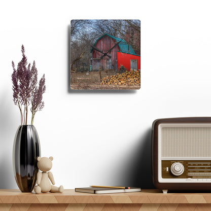 U R There Photography Bray Road Hidden Barnyard Red II Rustic Farmhouse Acrylic Analog Wall Clock