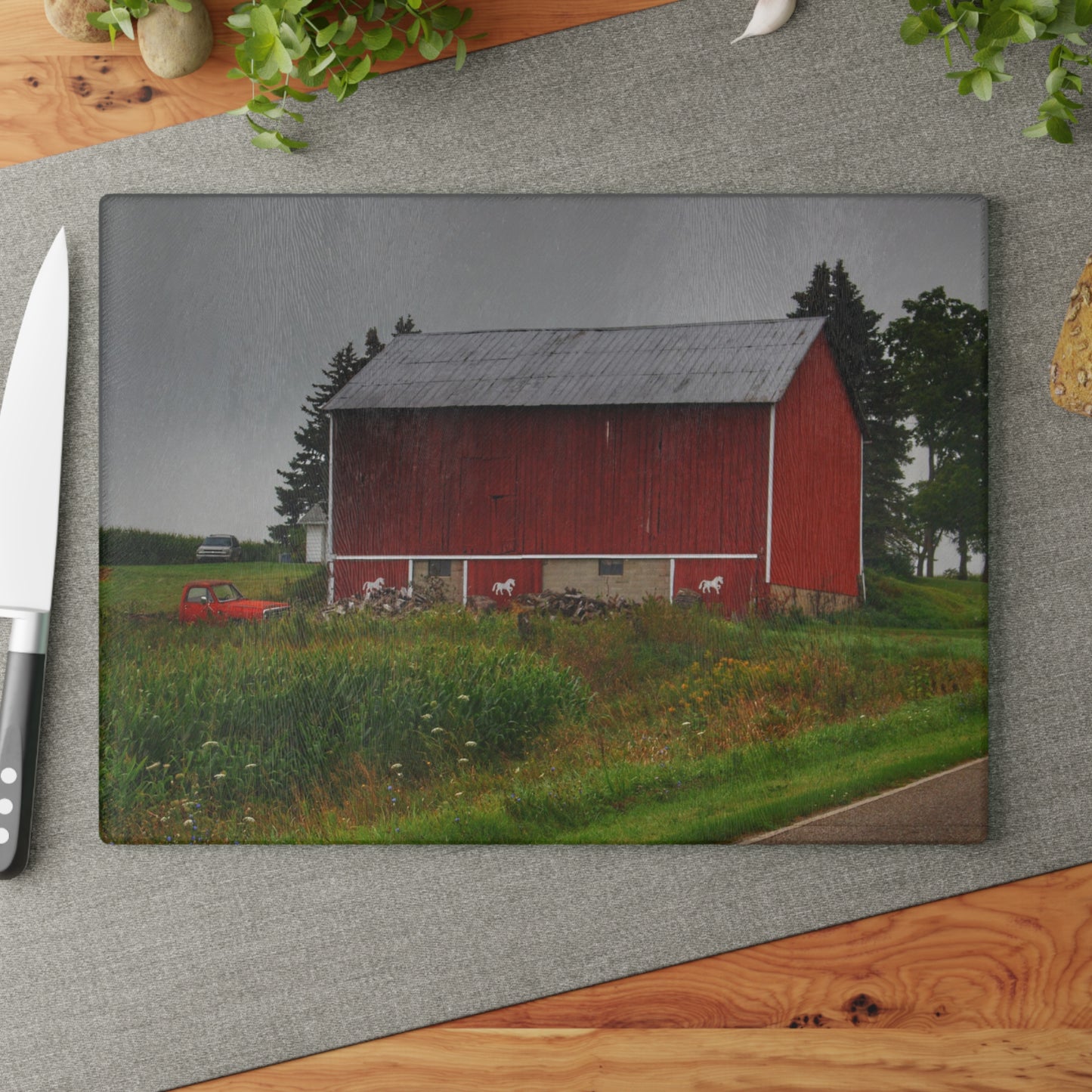 U R There Photography Brown Road Horse Barn I Rustic Farmhouse Tempered-Glass Cutting Board