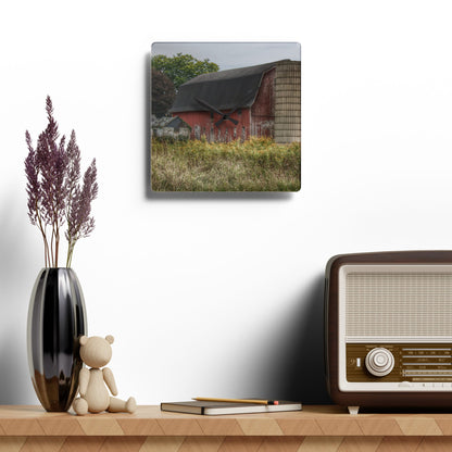 U R There Photography McDowell Road Old Red and Little White Rustic Farmhouse Acrylic Analog Wall Clock