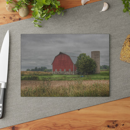 U R There Photography Clifford Road Red and Silo II Rustic Farmhouse Tempered-Glass Cutting Board