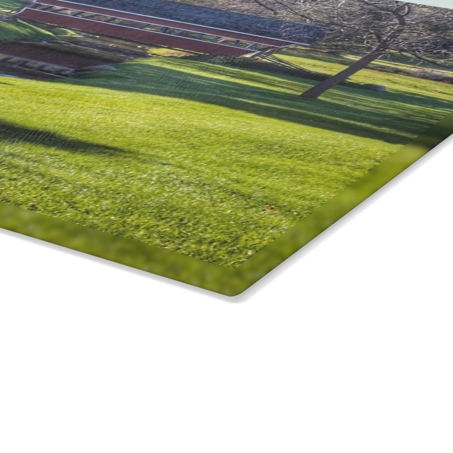 U R There Photography Hadley Covered Bridge I Rustic Farmhouse Tempered-Glass Cutting Board