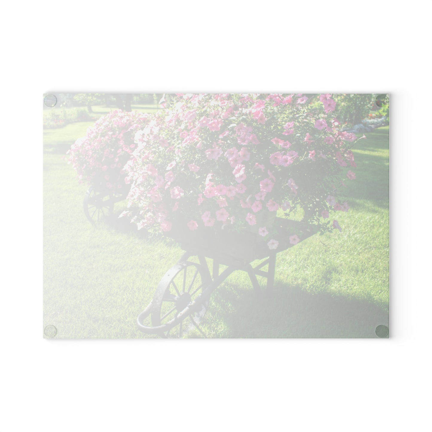 Barn Boutique Rustic Tempered-Glass Cutting Board| Wheelbarrow Full of Flowers