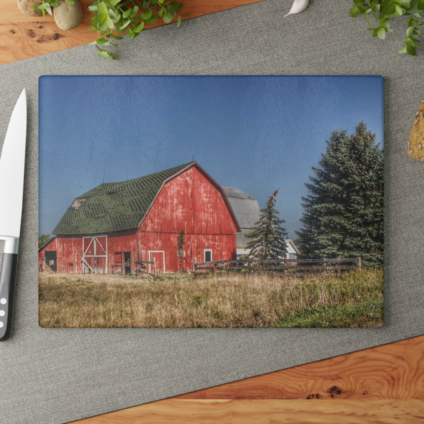 U R There Photography Elmwood Road Red III Rustic Farmhouse Tempered-Glass Cutting Board