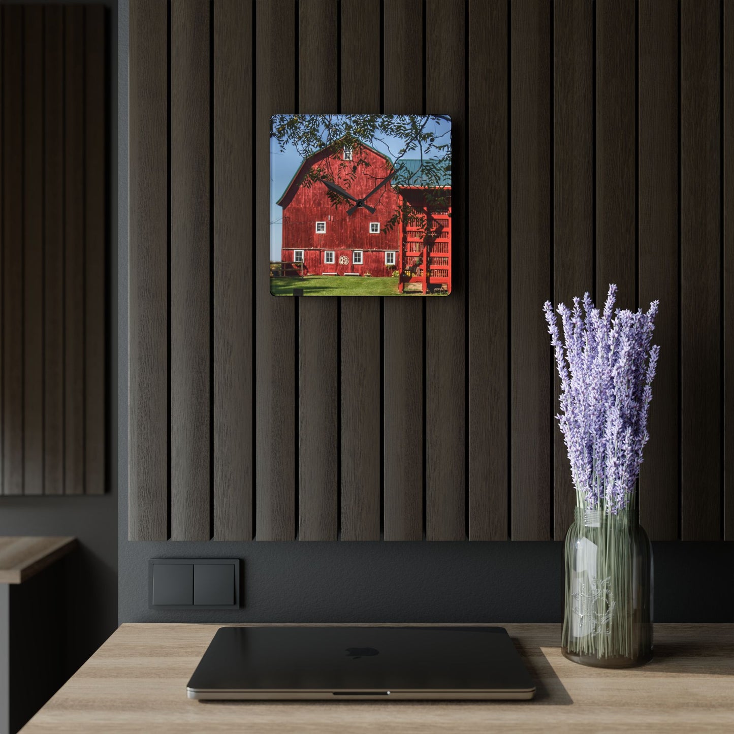 U R There Photography Gardner Road Red I Rustic Farmhouse Acrylic Analog Wall Clock