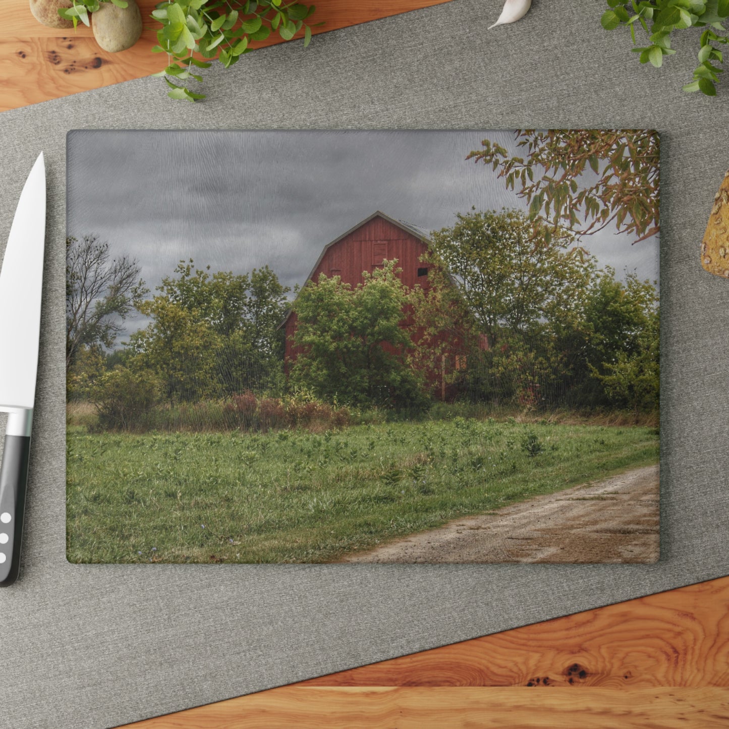 Barn Boutique Rustic Tempered-Glass Cutting Board| Bristol Road Hidden Red