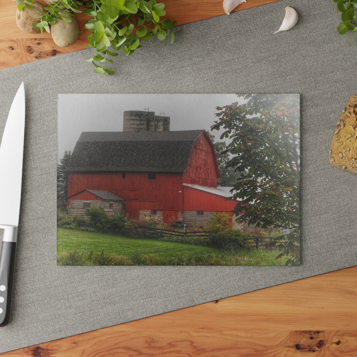 U R There Photography Five Lakes Road Red I Rustic Farmhouse Tempered-Glass Cutting Board