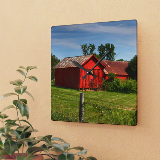 U R There Photography South Oak Road Reds II Rustic Farmhouse Acrylic Analog Wall Clock