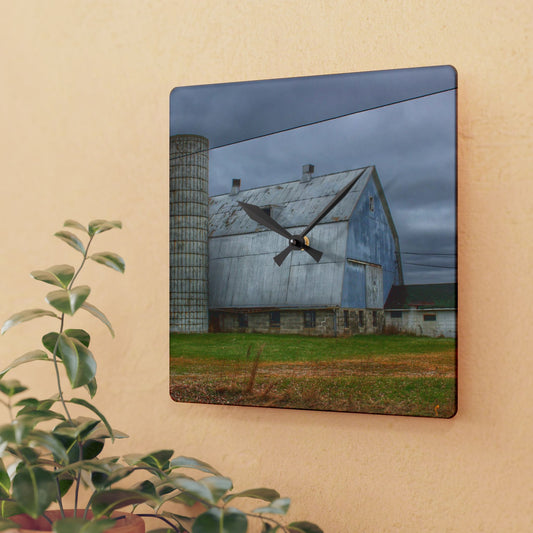 U R There Photography Daley Road Grey I Rustic Farmhouse Acrylic Analog Wall Clock