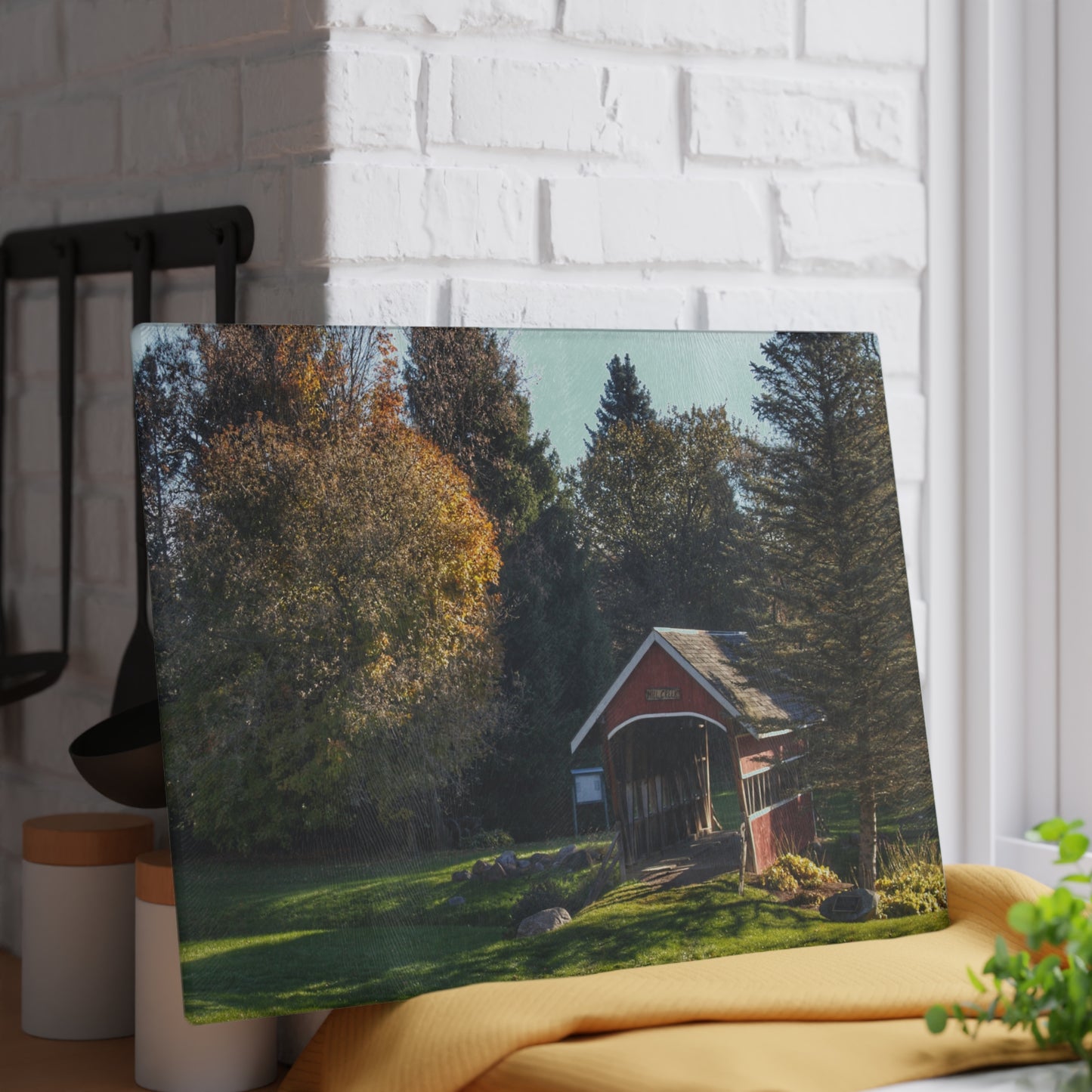 U R There Photography Hadley Covered Bridge II Rustic Farmhouse Tempered-Glass Cutting Board