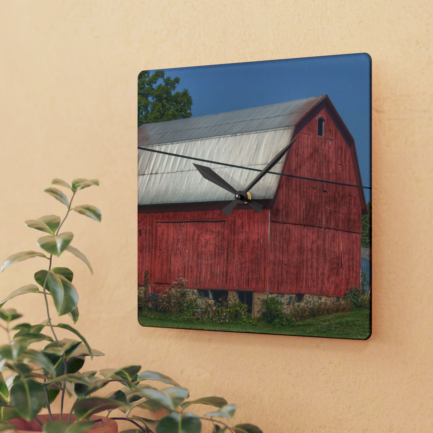 U R There Photography Belsay Road Red Rustic Farmhouse Acrylic Analog Wall Clock