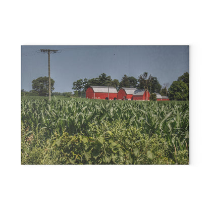 U R There Photography Shoemaker Road Reds Beyond the Corn Rustic Farmhouse Tempered-Glass Cutting Board