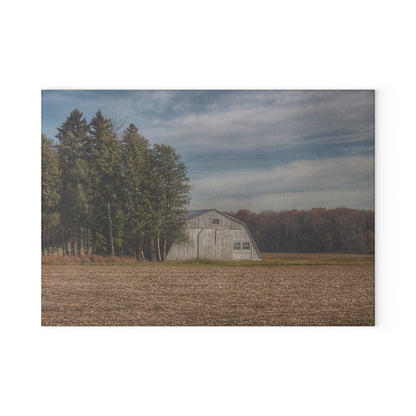 U R There Photography Grey Quonset Among the Pines Rustic Farmhouse Tempered-Glass Cutting Board