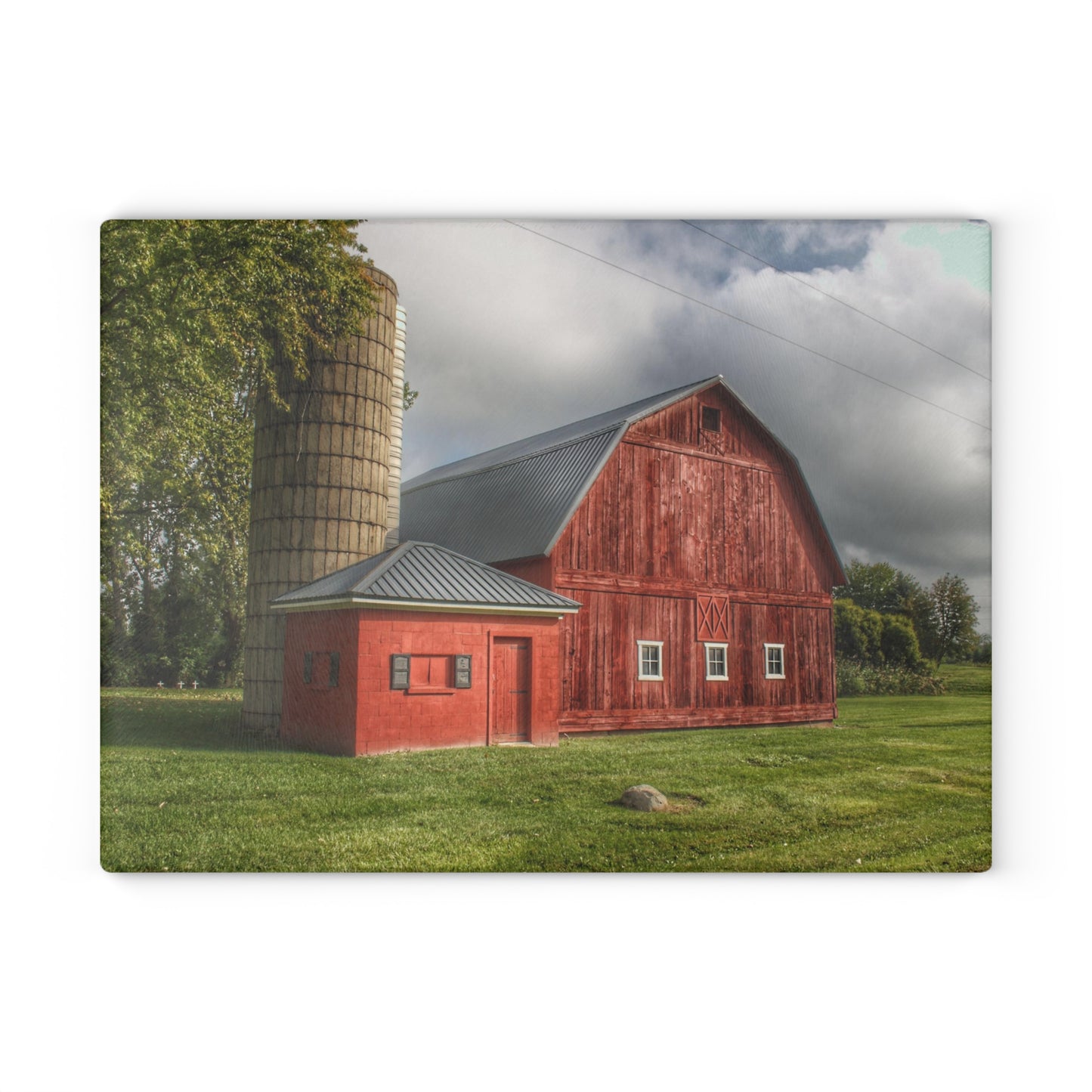 Barn Boutique Rustic Tempered-Glass Cutting Board| Hollow Corners Red and Silo