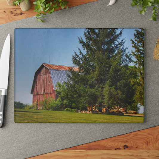 U R There Photography Mushroom Road Hidden Red Rustic Farmhouse Tempered-Glass Cutting Board