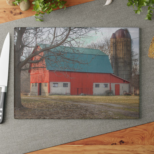 U R There Photography Wilson Road Red and Silo I Rustic Farmhouse Tempered-Glass Cutting Board