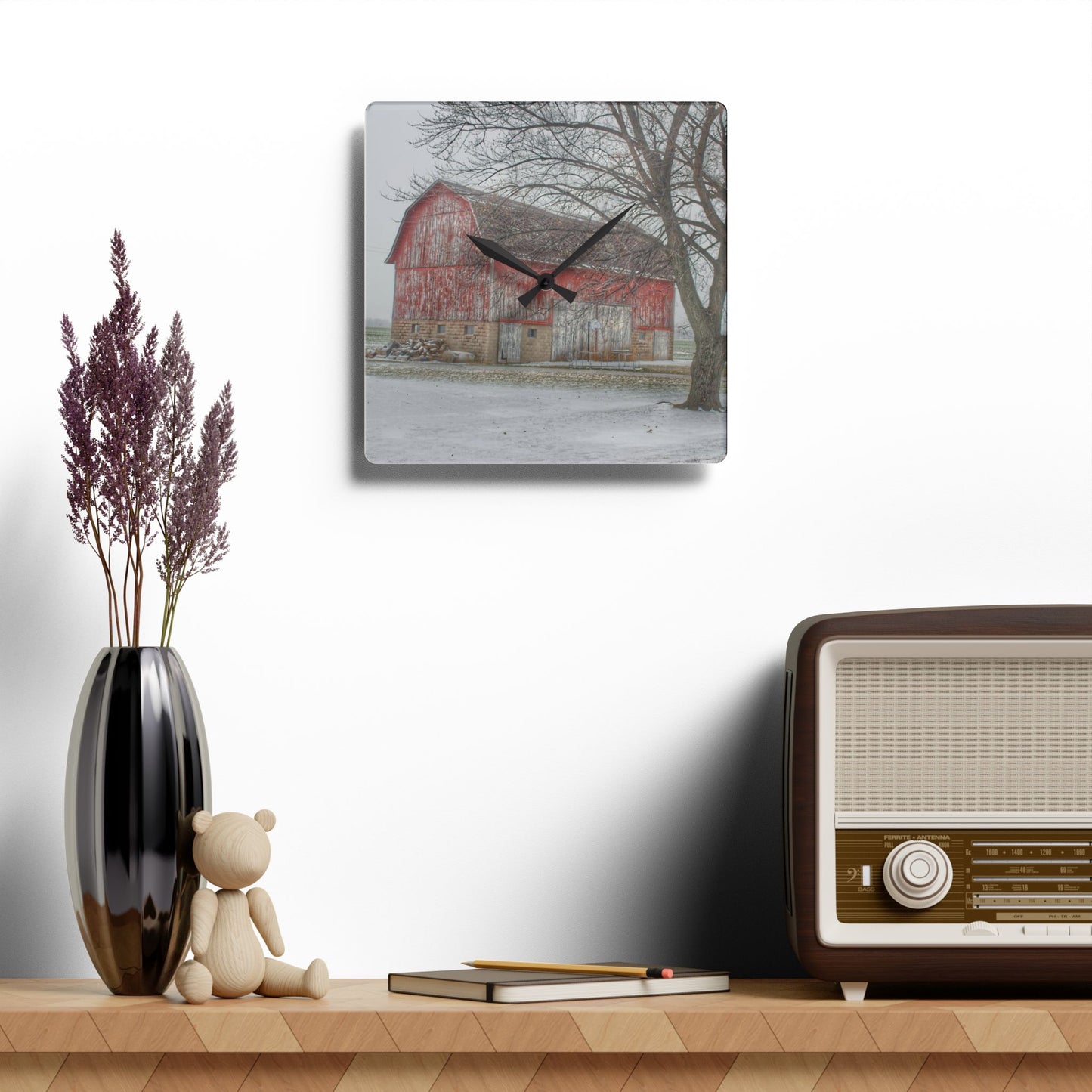 U R There Photography Cumber Road Red I Rustic Farmhouse Acrylic Analog Wall Clock