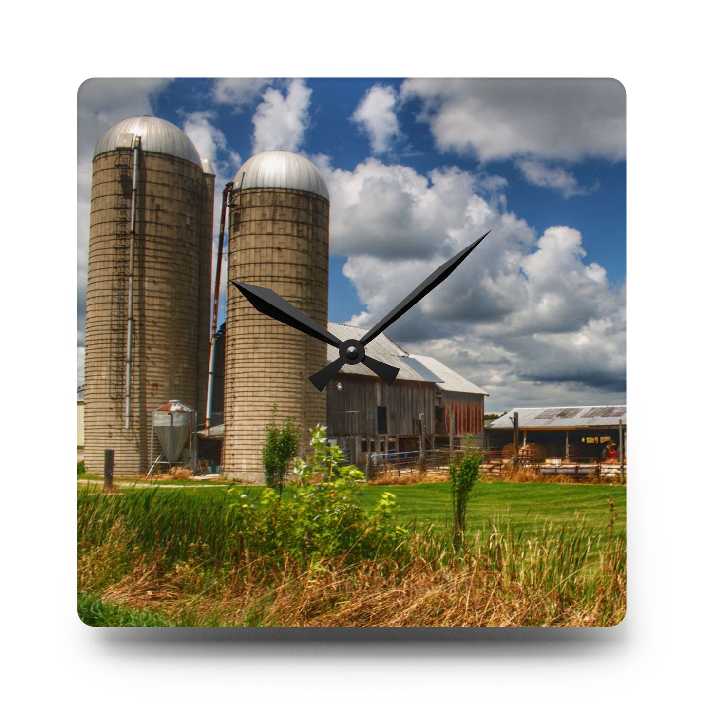 U R There Photography Millington Grey and Silos Rustic Farmhouse Acrylic Analog Wall Clock