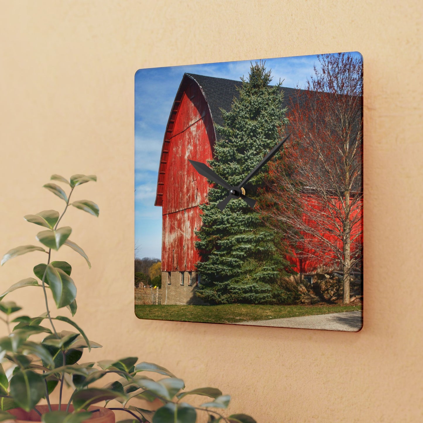 U R There Photography West Sutton Road Red Rustic Farmhouse Acrylic Analog Wall Clock