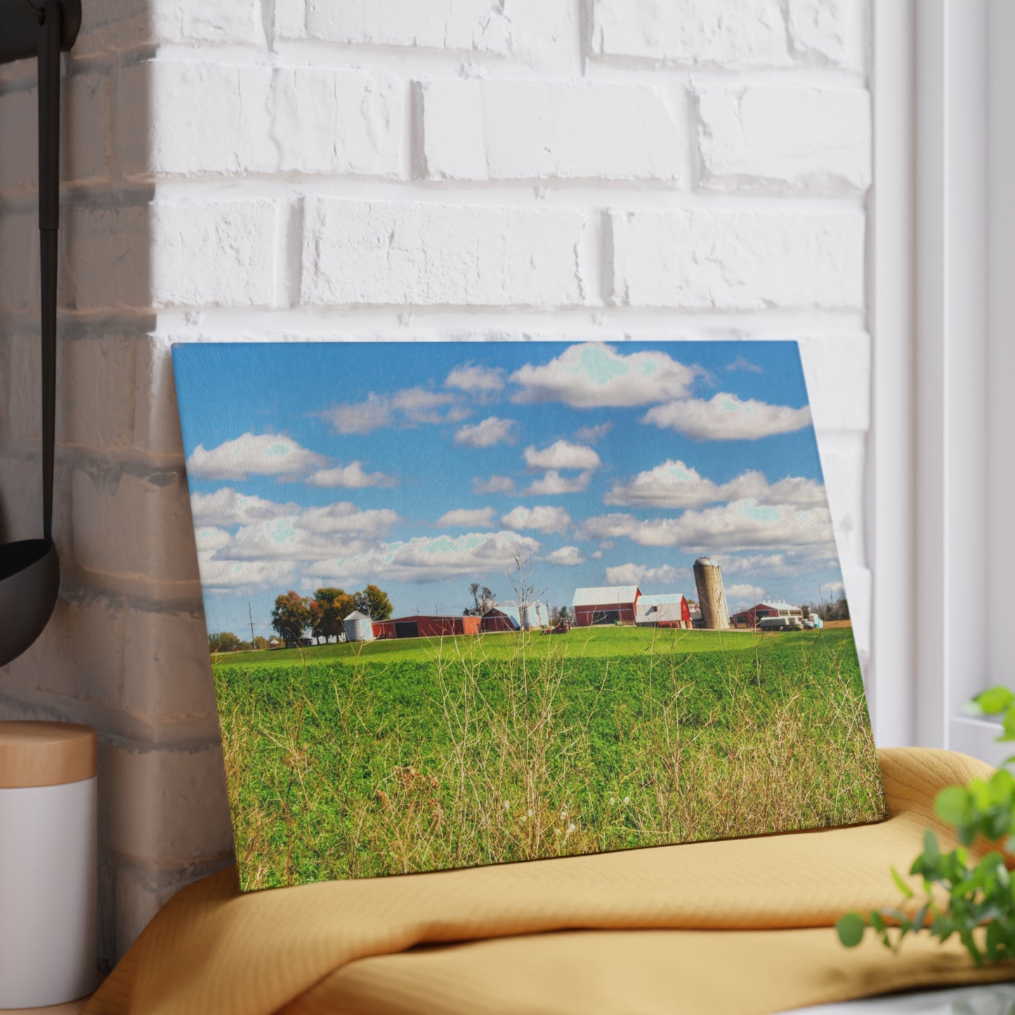 U R There Photography Pattison Road Farm Across the Field I Rustic Farmhouse Tempered-Glass Cutting Board
