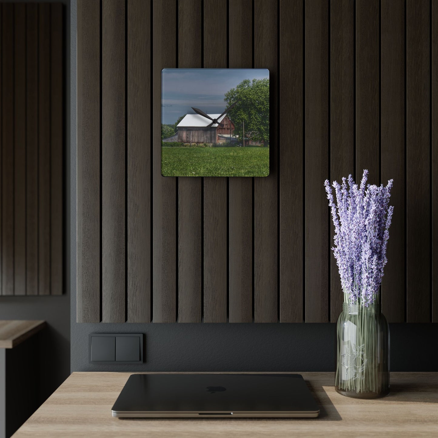 U R There Photography Castle Road Cow Barn III Rustic Farmhouse Acrylic Analog Wall Clock