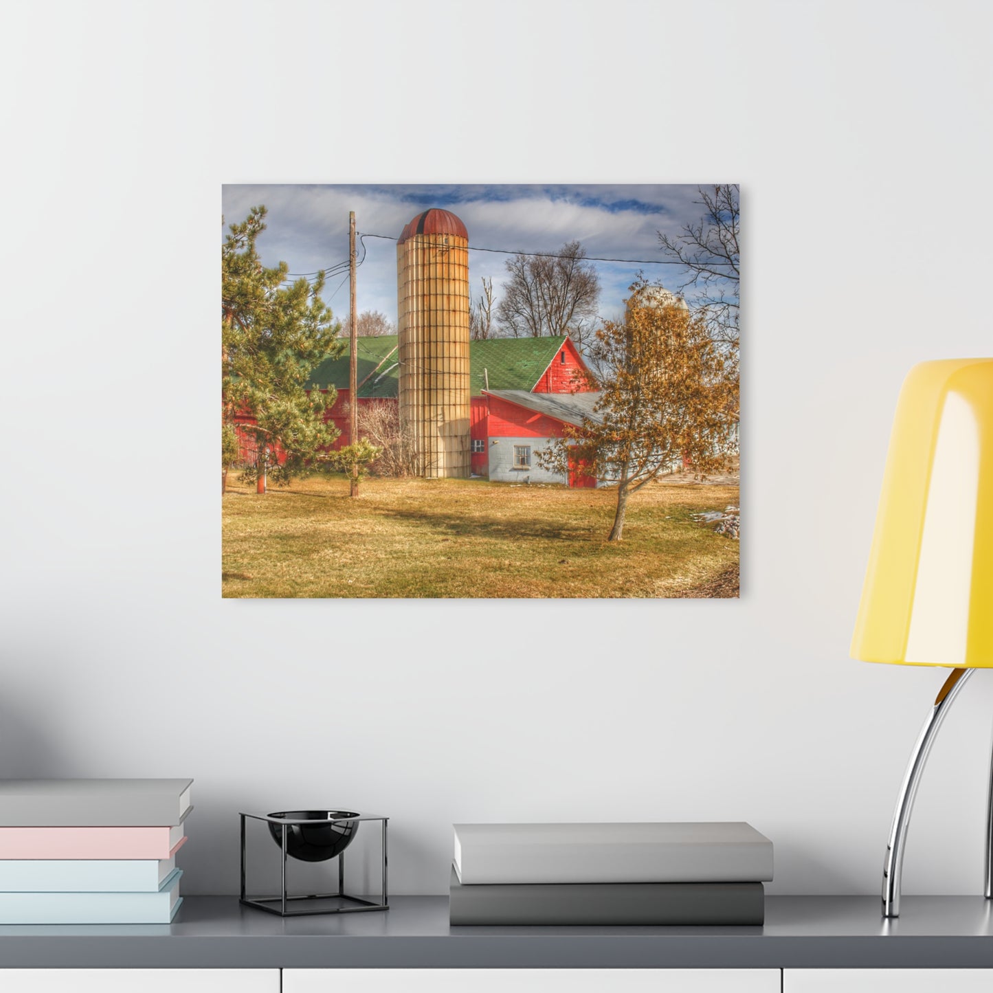 U R There Photography Newark Road Red and Silos II Rustic Farmhouse Acrylic Wall Print