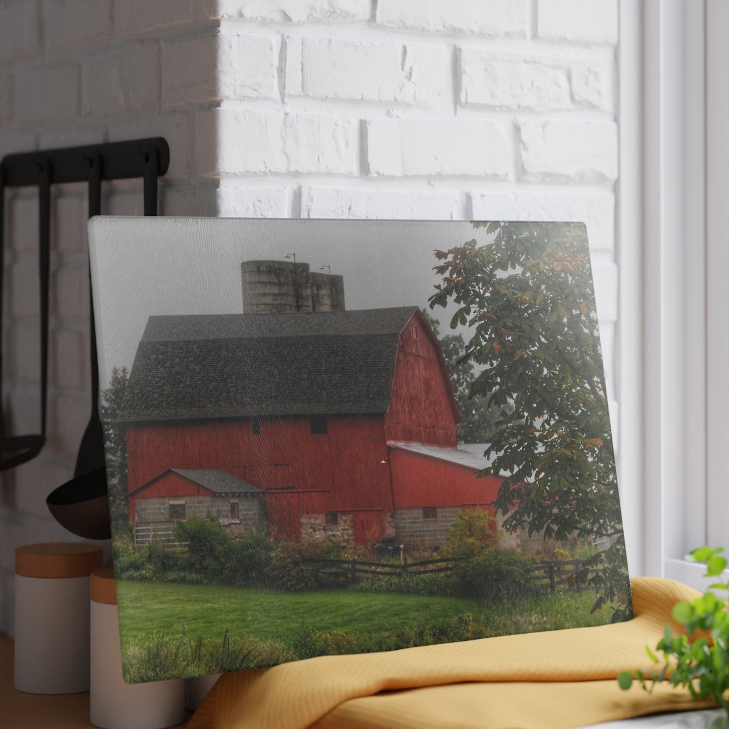 U R There Photography Five Lakes Road Red I Rustic Farmhouse Tempered-Glass Cutting Board