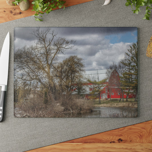 U R There Photography Hadley Road Hidden Red Rustic Farmhouse Tempered-Glass Cutting Board