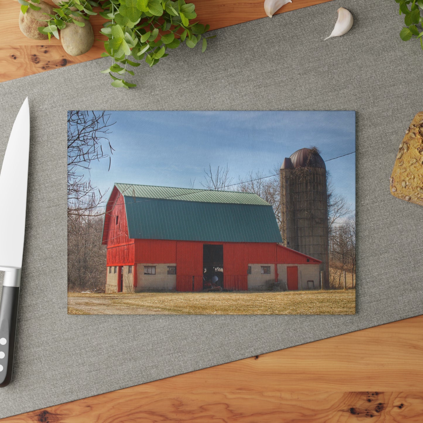 U R There Photography Wilson Road Red and Silo II Rustic Farmhouse Tempered-Glass Cutting Board
