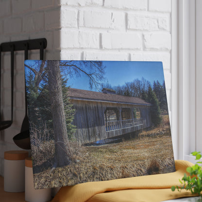 U R There Photography Covered Bridge of Campground Road I Rustic Farmhouse Tempered-Glass Cutting Board