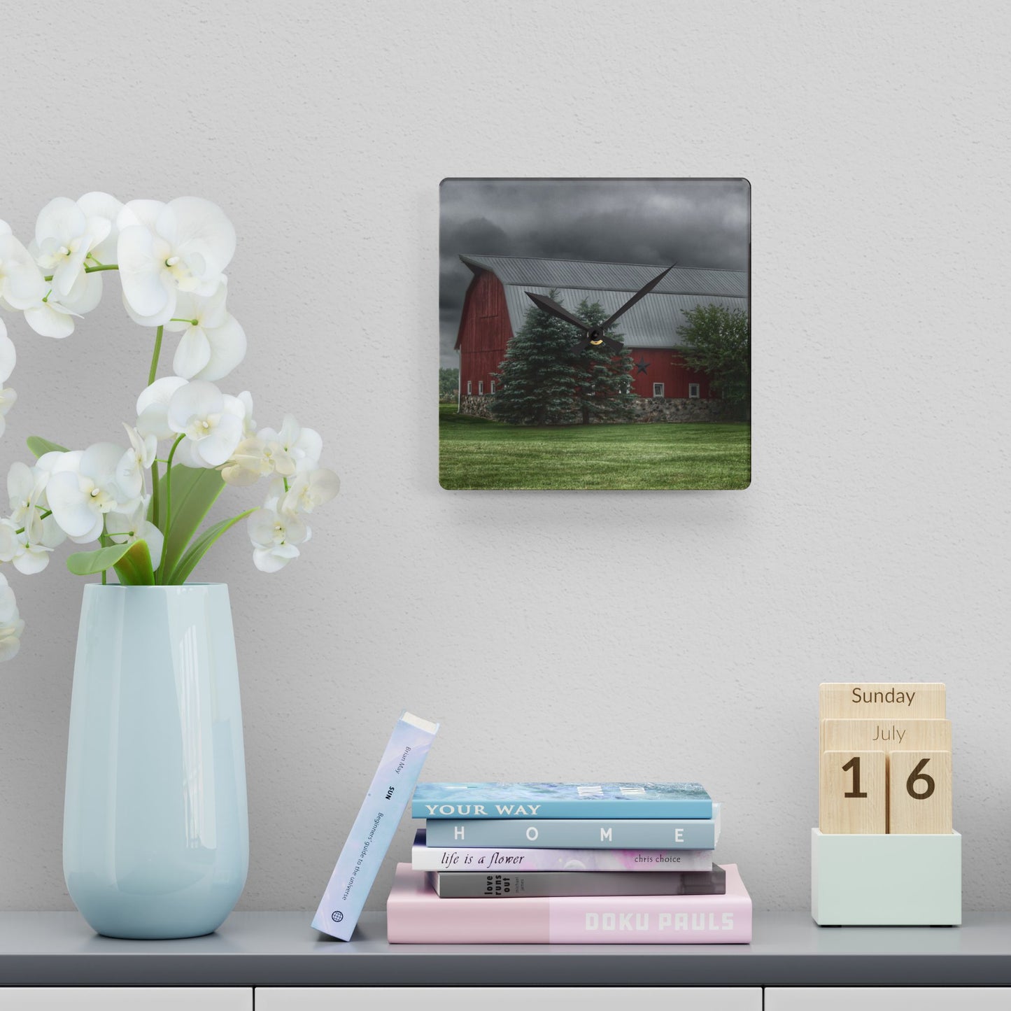 U R There Photography Clifford Road Red and Silo I Rustic Farmhouse Acrylic Analog Wall Clock