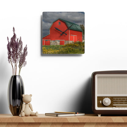 U R There Photography Valentine Road Fieldstone Red Rustic Farmhouse Acrylic Analog Wall Clock