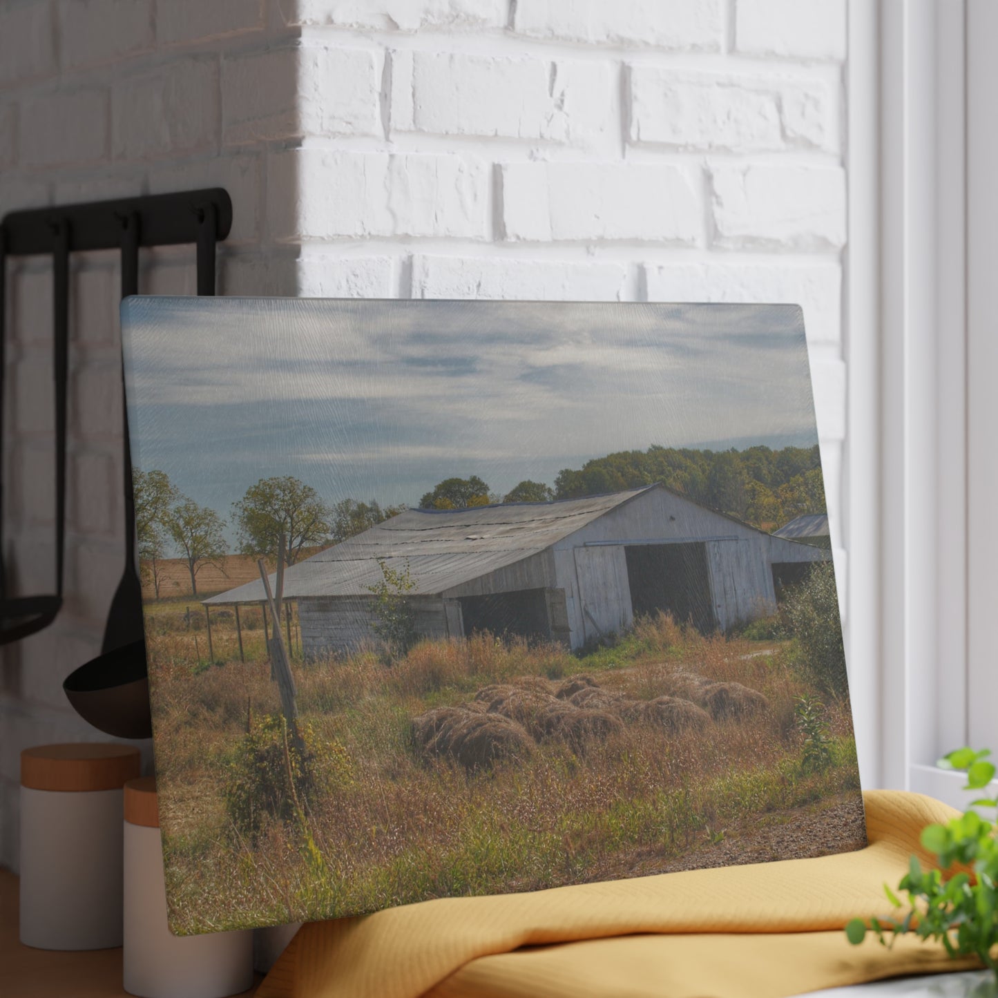 U R There Photography Hurd Corners Road Grey Shack Rustic Farmhouse Tempered-Glass Cutting Board