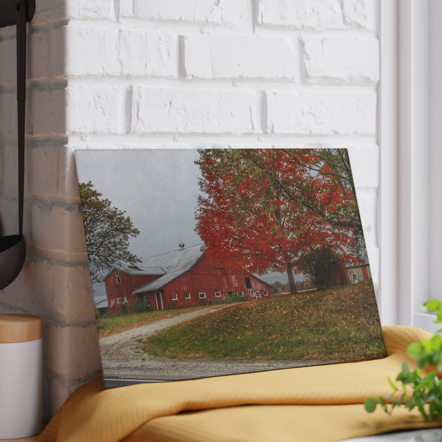 U R There Photography Goodrich Baldwin Road Reds II Rustic Farmhouse Tempered-Glass Cutting Board